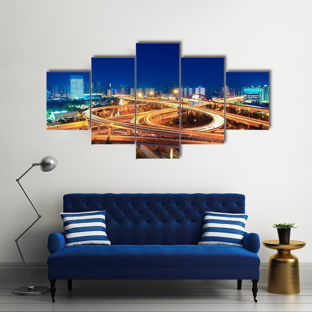 Modern Highways At Night Canvas Wall Art-5 Star-Gallery Wrap-62" x 32"-Tiaracle