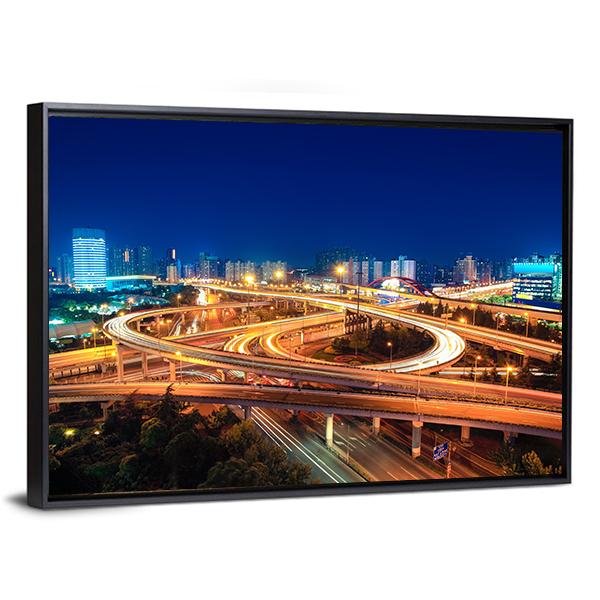 Modern Highways At Night Canvas Wall Art-3 Horizontal-Gallery Wrap-25" x 16"-Tiaracle