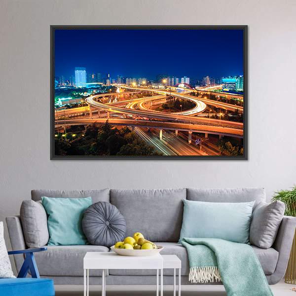 Modern Highways At Night Canvas Wall Art-3 Horizontal-Gallery Wrap-25" x 16"-Tiaracle