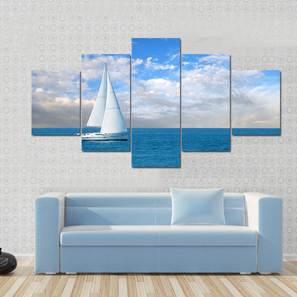 Modern Sail Boat Canvas Wall Art-5 Star-Gallery Wrap-62" x 32"-Tiaracle