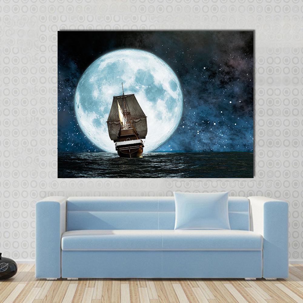 Boat In Full Moon Night Canvas Wall Art-1 Piece-Gallery Wrap-48" x 32"-Tiaracle