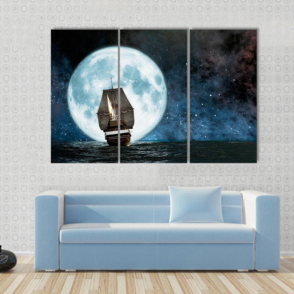 Boat In Full Moon Night Canvas Wall Art-3 Horizontal-Gallery Wrap-37" x 24"-Tiaracle