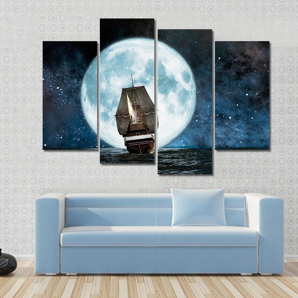 Boat In Full Moon Night Canvas Wall Art-4 Pop-Gallery Wrap-50" x 32"-Tiaracle