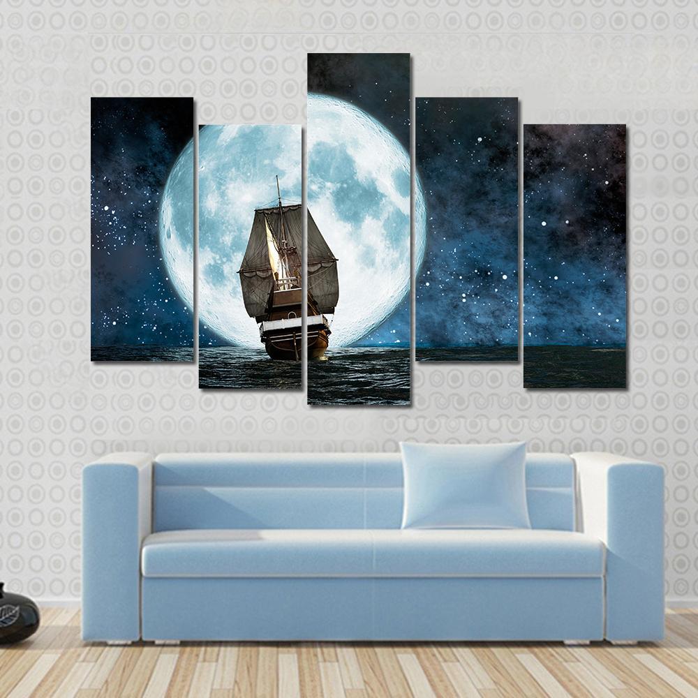 Boat In Full Moon Night Canvas Wall Art-5 Pop-Gallery Wrap-47" x 32"-Tiaracle