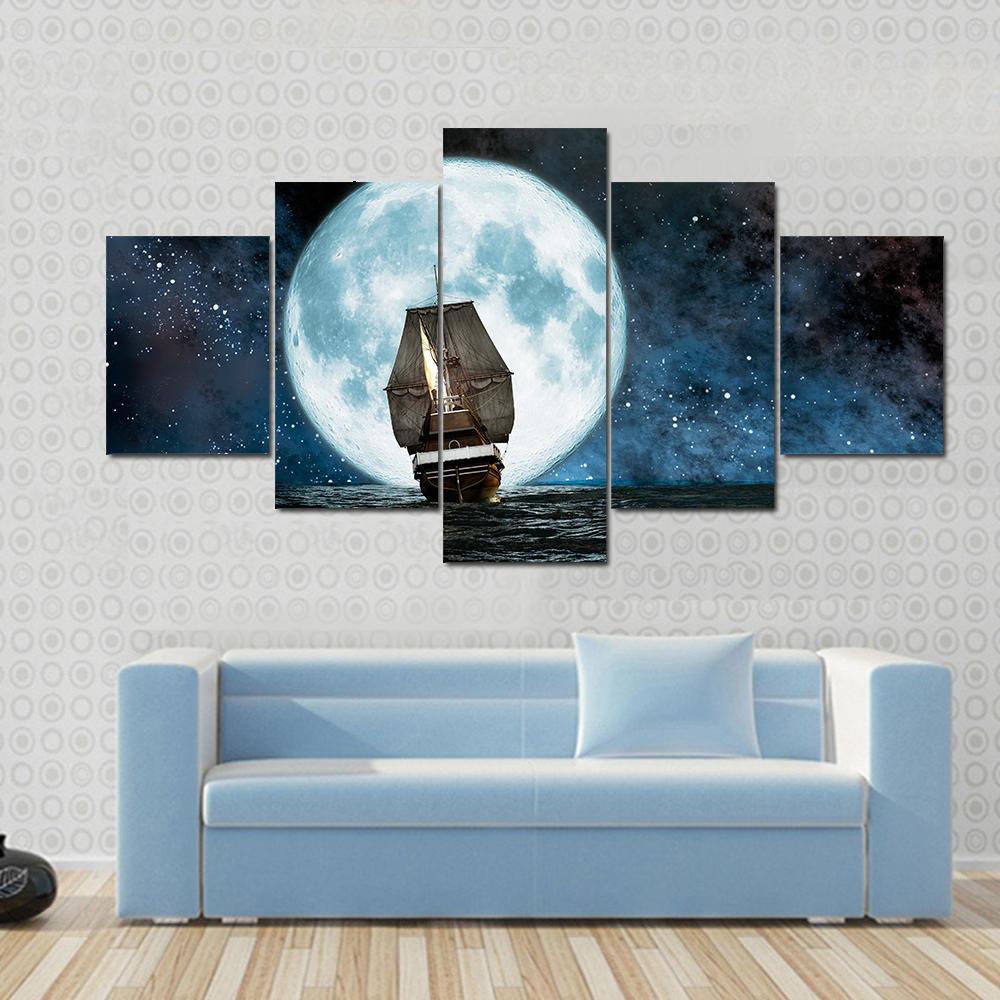 Boat In Full Moon Night Canvas Wall Art-5 Star-Gallery Wrap-62" x 32"-Tiaracle