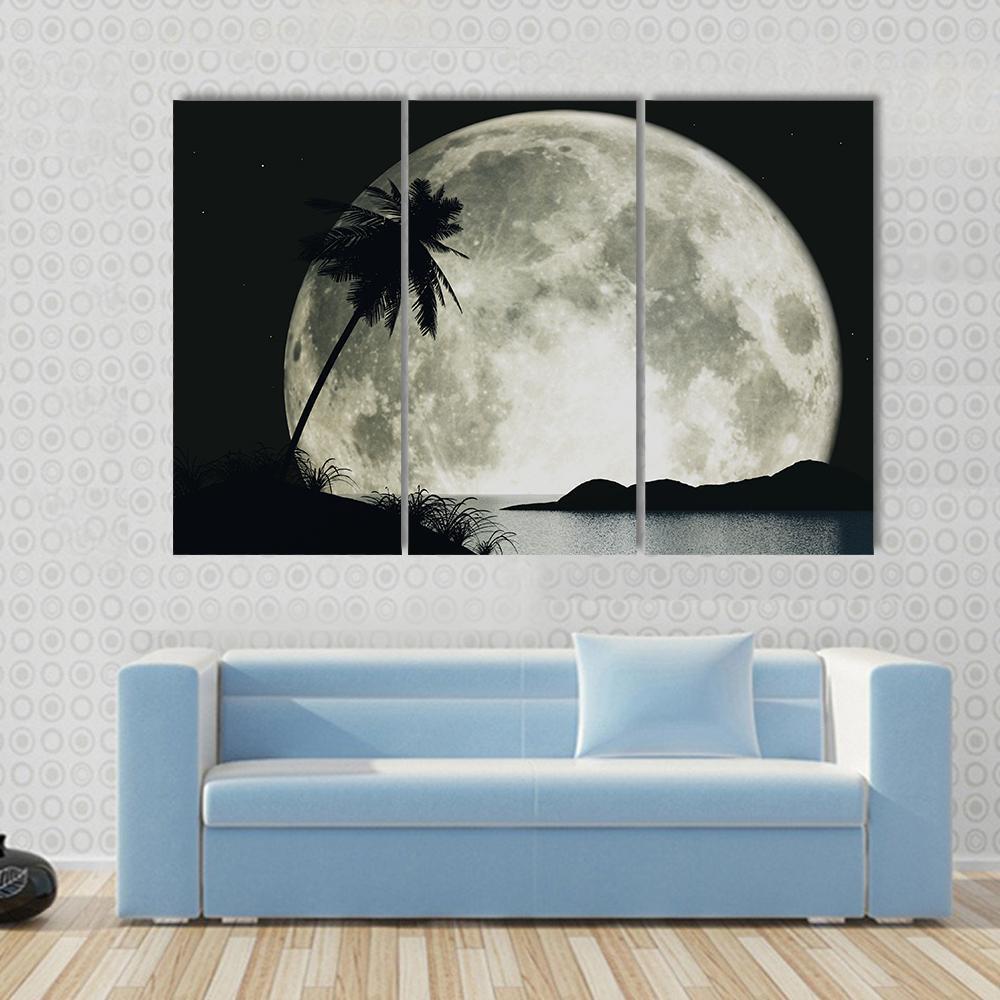 Moon Island With Palm Canvas Wall Art-3 Horizontal-Gallery Wrap-37" x 24"-Tiaracle