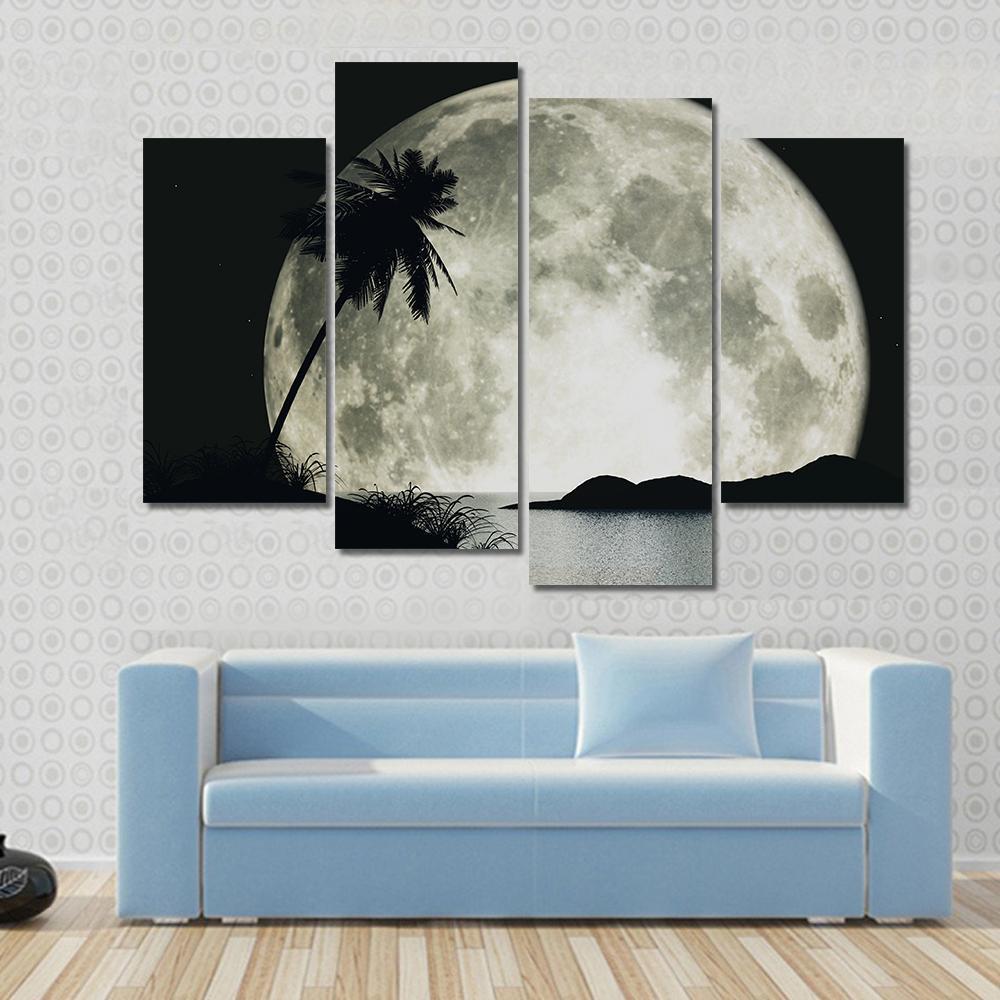 Moon Island With Palm Canvas Wall Art-4 Pop-Gallery Wrap-50" x 32"-Tiaracle