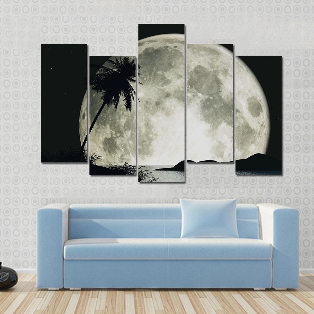 Moon Island With Palm Canvas Wall Art-5 Pop-Gallery Wrap-47" x 32"-Tiaracle