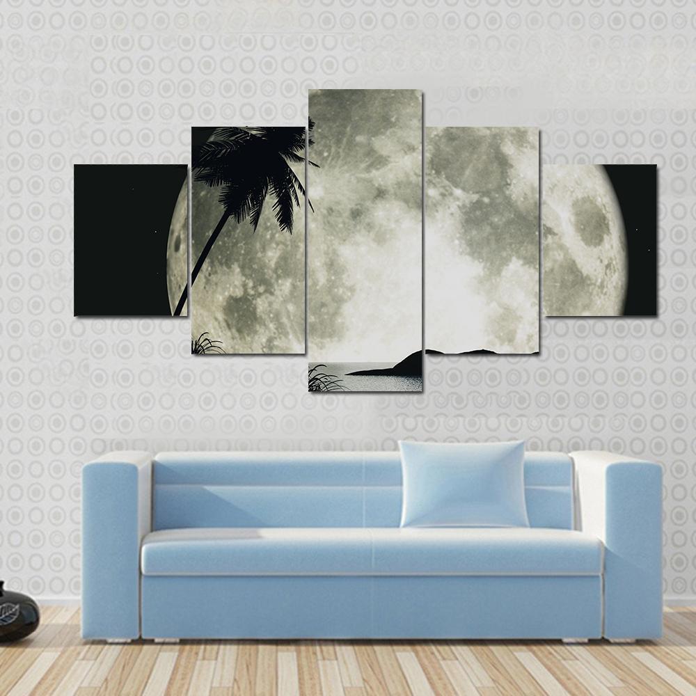 Moon Island With Palm Canvas Wall Art-5 Star-Gallery Wrap-62" x 32"-Tiaracle