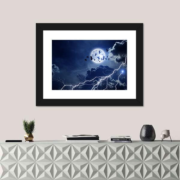 Moon Lightning & Dark Clouds Canvas Wall Art-1 Piece-Framed Print-20" x 16"-Tiaracle