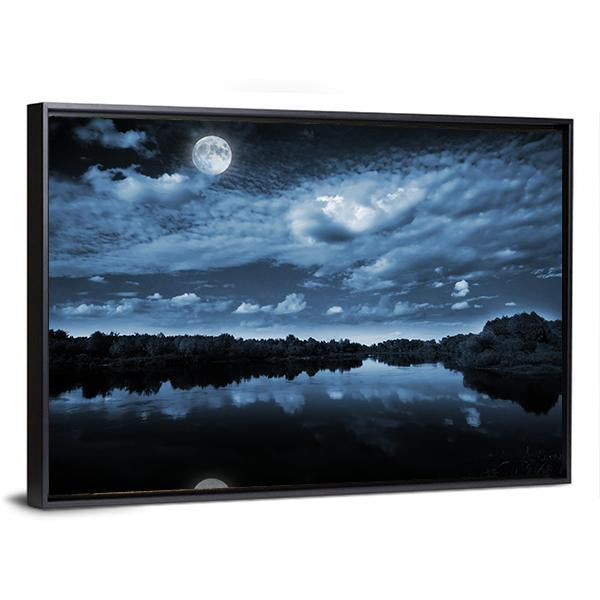 Moon Reflecting In Lake Canvas Wall Art-3 Horizontal-Gallery Wrap-25" x 16"-Tiaracle