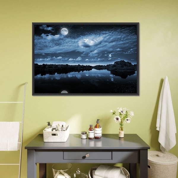 Moon Reflecting In Lake Canvas Wall Art-1 Piece-Floating Frame-24" x 16"-Tiaracle