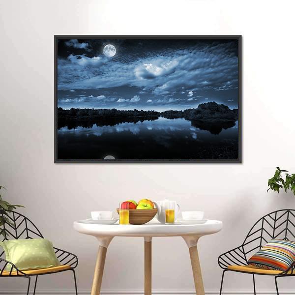 Moon Reflecting In Lake Canvas Wall Art-3 Horizontal-Gallery Wrap-25" x 16"-Tiaracle