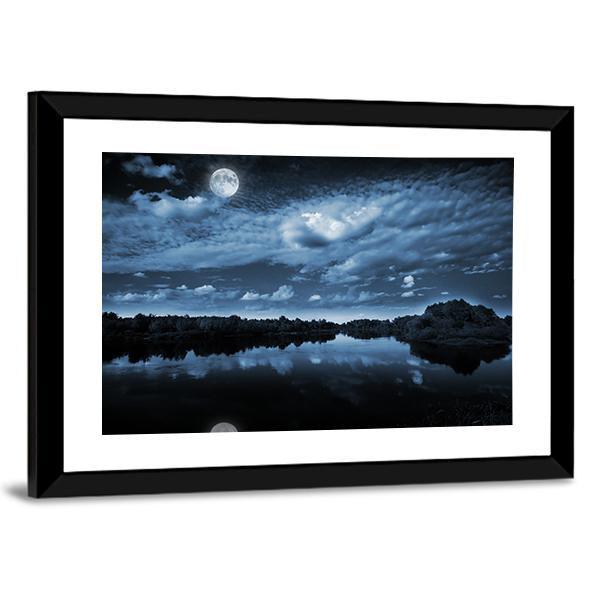 Moon Reflecting In Lake Canvas Wall Art-3 Horizontal-Gallery Wrap-25" x 16"-Tiaracle