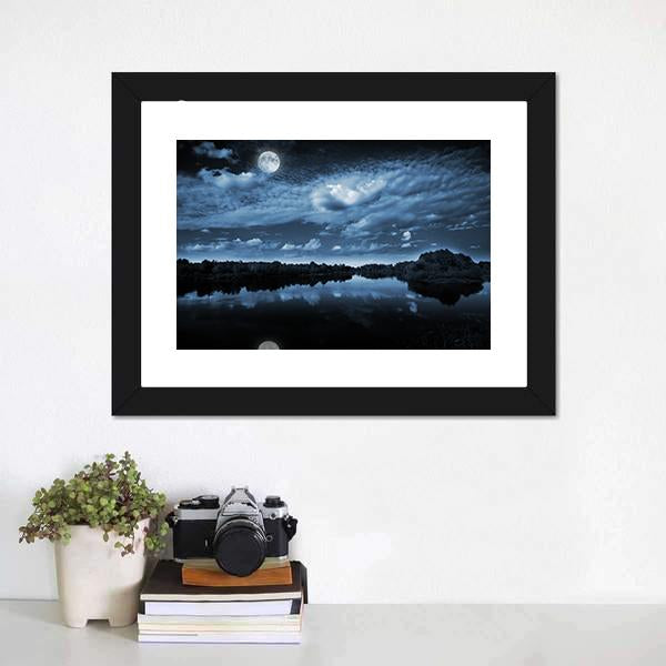 Moon Reflecting In Lake Canvas Wall Art-1 Piece-Framed Print-20" x 16"-Tiaracle