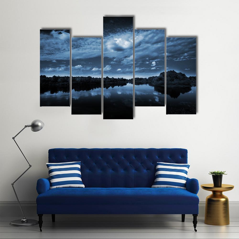Moon Reflecting In Lake Canvas Wall Art-5 Pop-Gallery Wrap-47" x 32"-Tiaracle