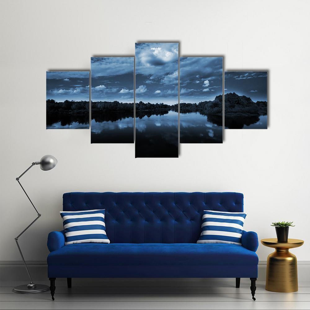 Moon Reflecting In Lake Canvas Wall Art-5 Star-Gallery Wrap-62" x 32"-Tiaracle