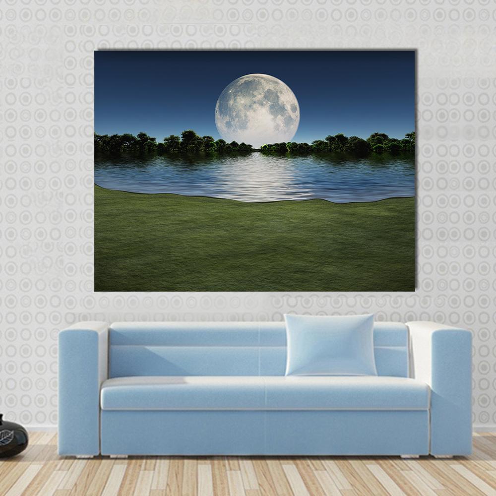 Moon Rise Over Lake Canvas Wall Art-1 Piece-Gallery Wrap-48" x 32"-Tiaracle