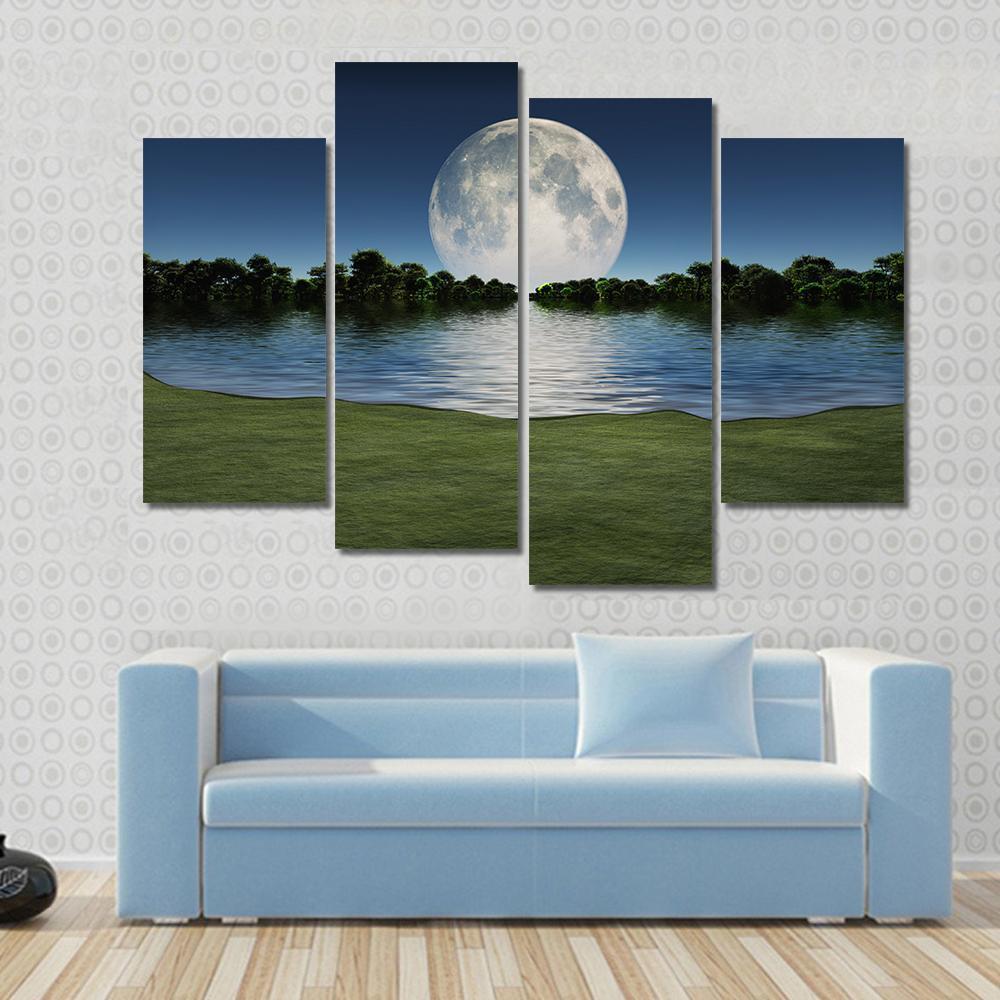 Moon Rise Over Lake Canvas Wall Art-4 Pop-Gallery Wrap-50" x 32"-Tiaracle