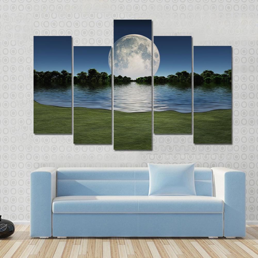 Moon Rise Over Lake Canvas Wall Art-5 Pop-Gallery Wrap-47" x 32"-Tiaracle