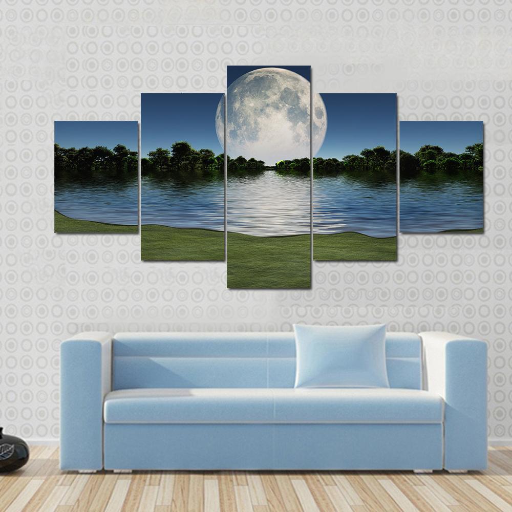 Moon Rise Over Lake Canvas Wall Art-5 Star-Gallery Wrap-62" x 32"-Tiaracle