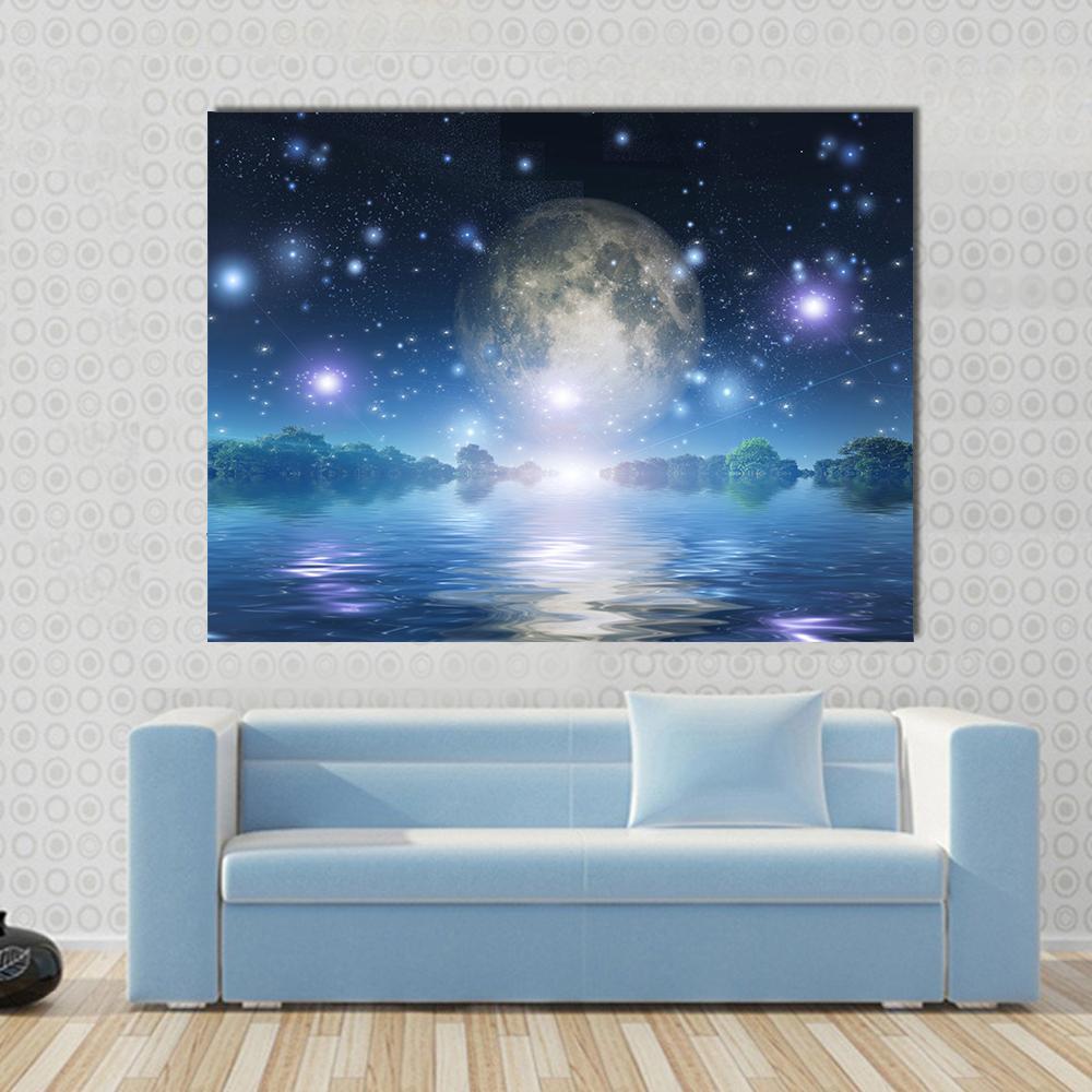 Moon Rise Over Water Canvas Wall Art-1 Piece-Gallery Wrap-48" x 32"-Tiaracle