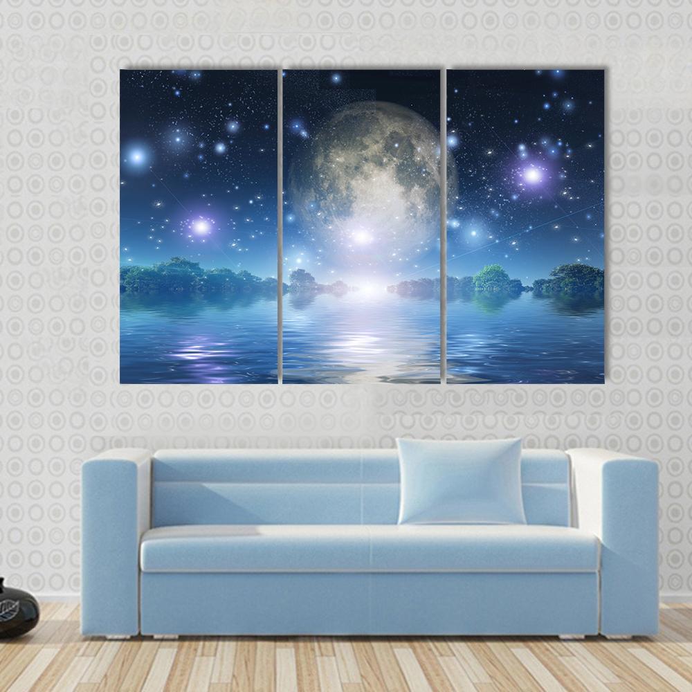 Moon Rise Over Water Canvas Wall Art-3 Horizontal-Gallery Wrap-37" x 24"-Tiaracle