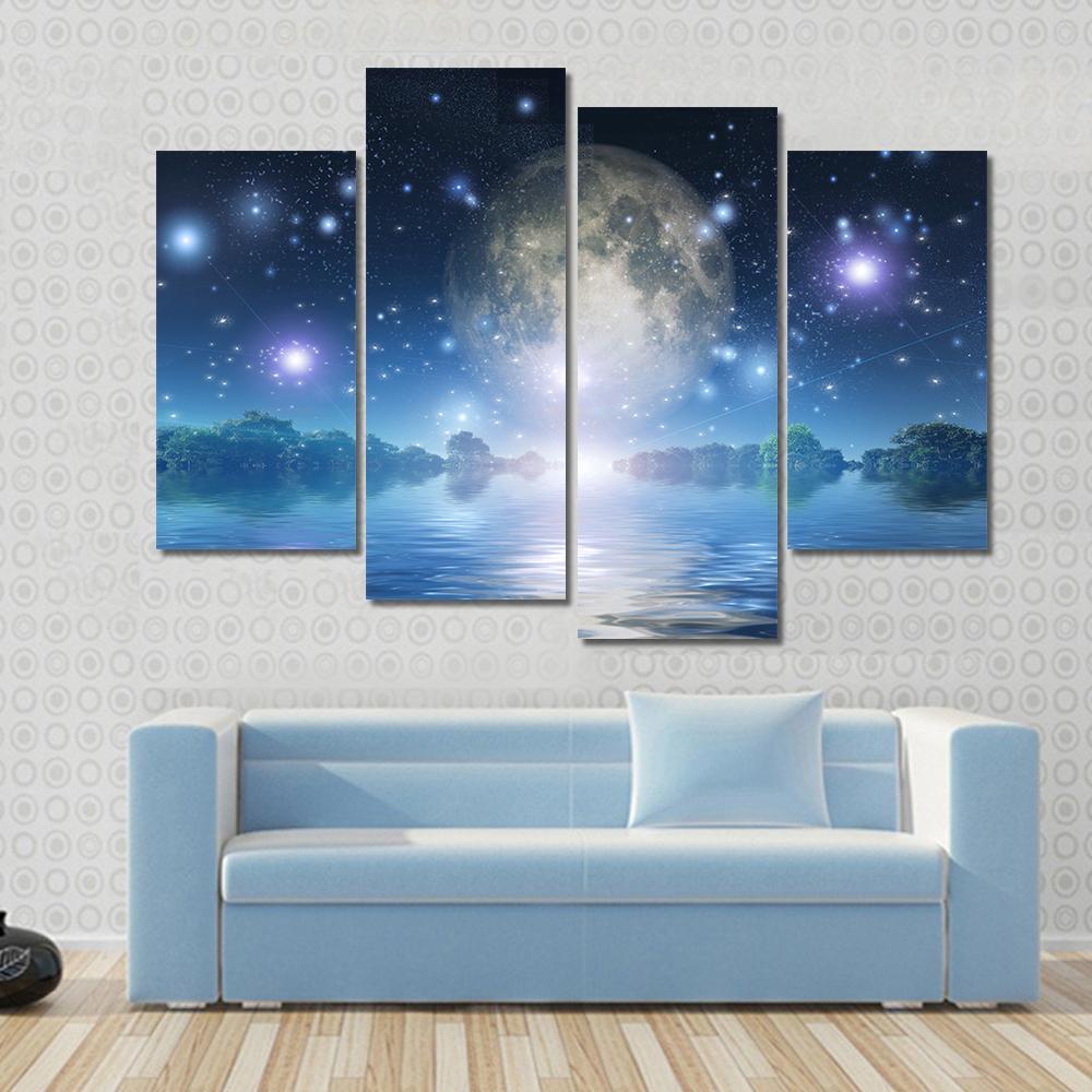 Moon Rise Over Water Canvas Wall Art-4 Pop-Gallery Wrap-50" x 32"-Tiaracle