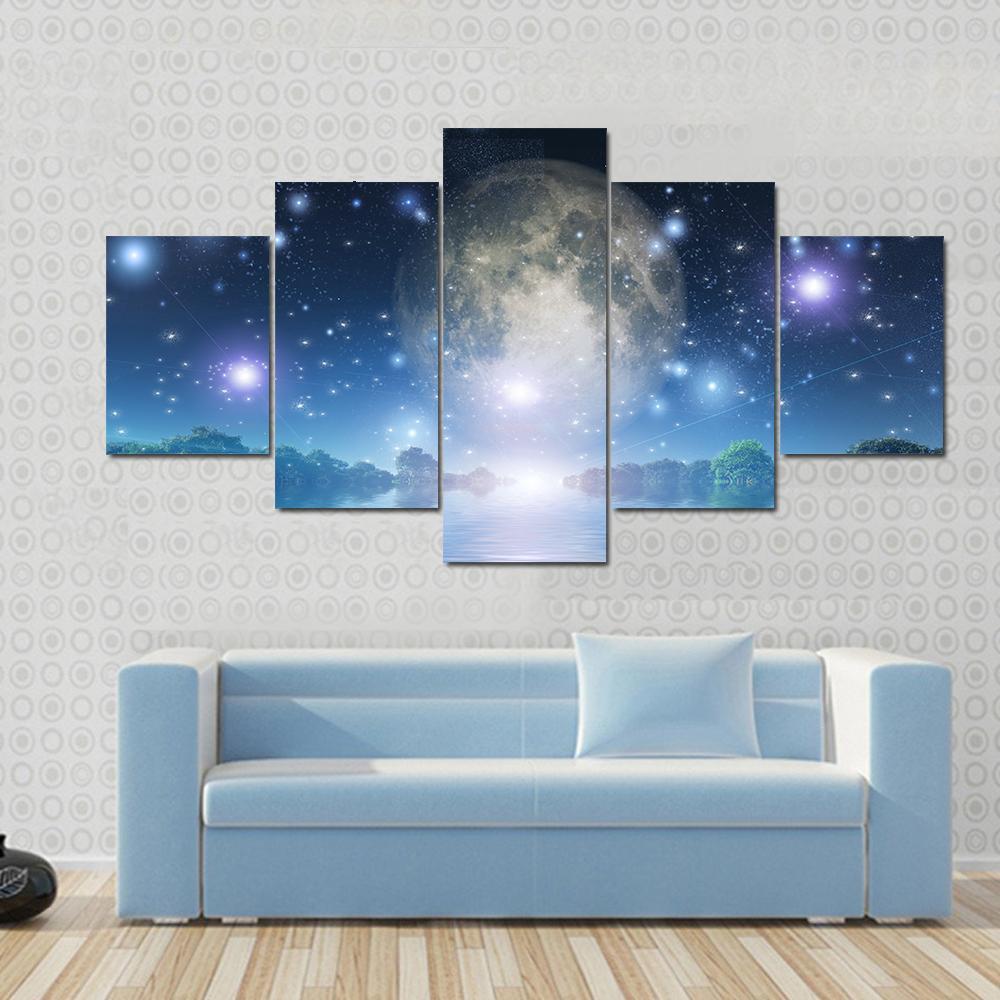 Moon Rise Over Water Canvas Wall Art-5 Star-Gallery Wrap-62" x 32"-Tiaracle