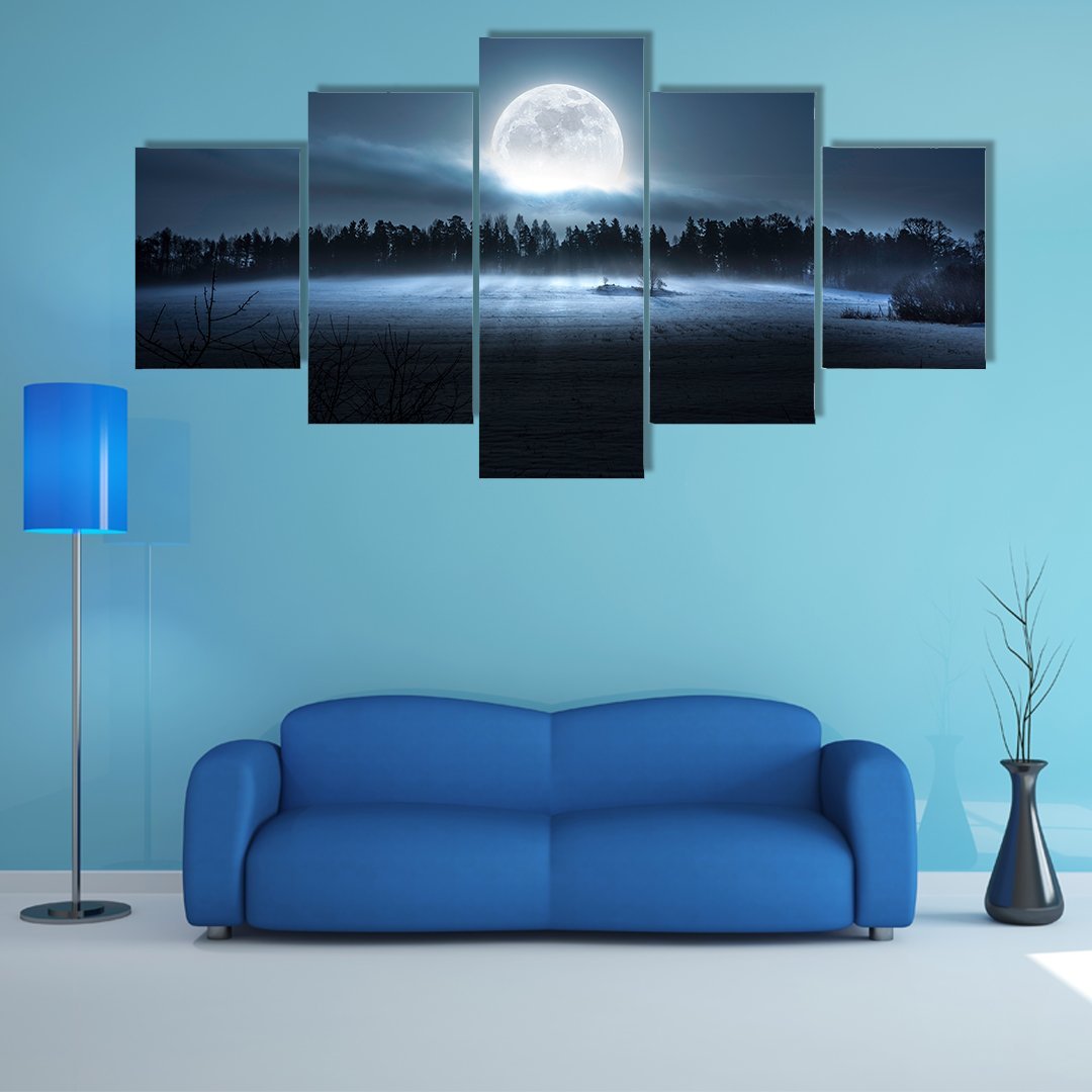 Moon Rising Over Forest Canvas Wall Art-5 Star-Gallery Wrap-62" x 32"-Tiaracle