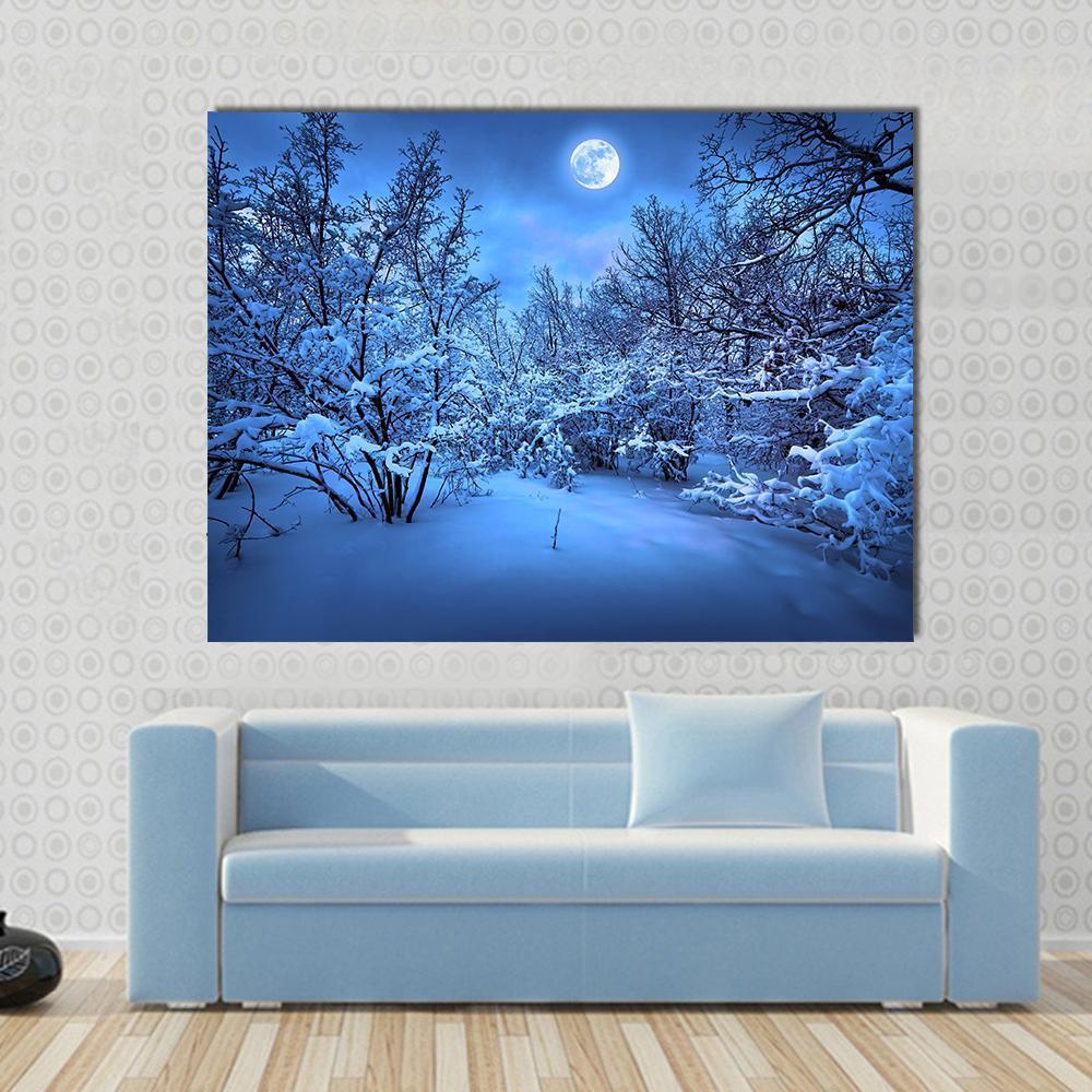 Moon Light In Winter Forest Canvas Wall Art-1 Piece-Gallery Wrap-48" x 32"-Tiaracle