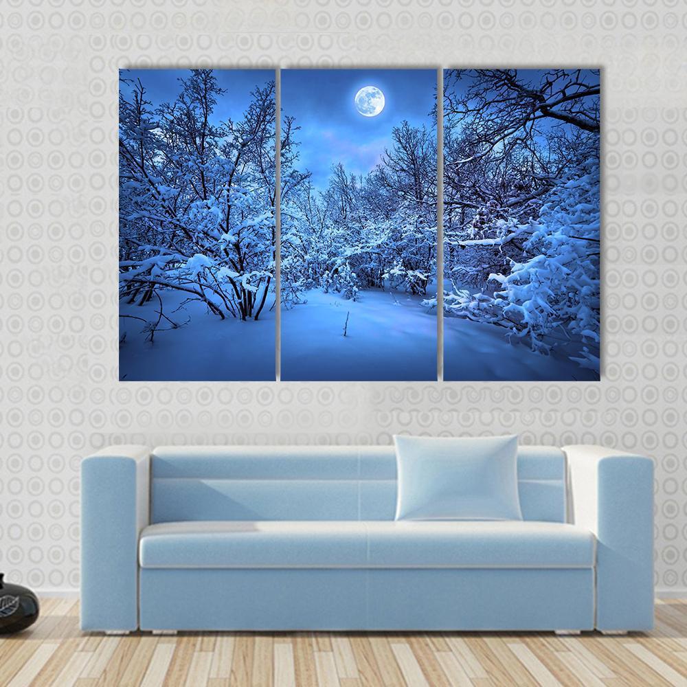 Moon Light In Winter Forest Canvas Wall Art-3 Horizontal-Gallery Wrap-37" x 24"-Tiaracle