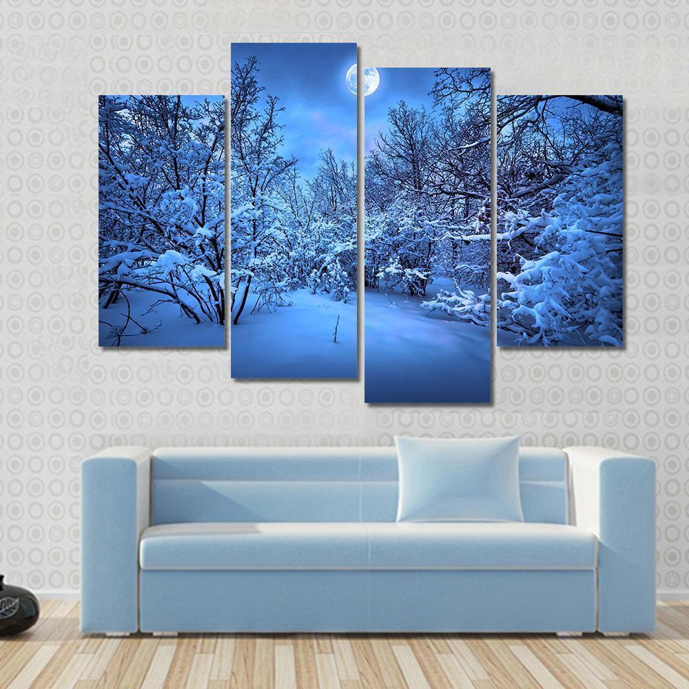 Moon Light In Winter Forest Canvas Wall Art-4 Pop-Gallery Wrap-50" x 32"-Tiaracle