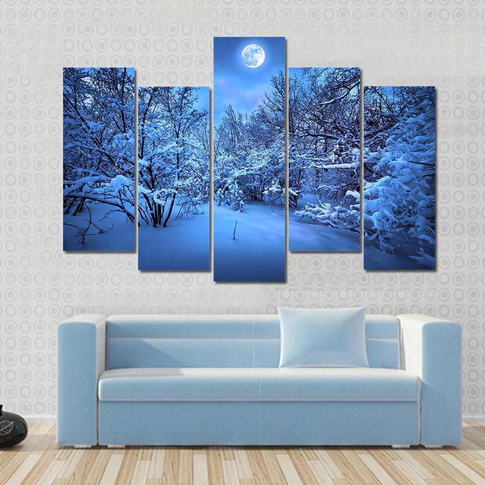 Moon Light In Winter Forest Canvas Wall Art-5 Pop-Gallery Wrap-47" x 32"-Tiaracle