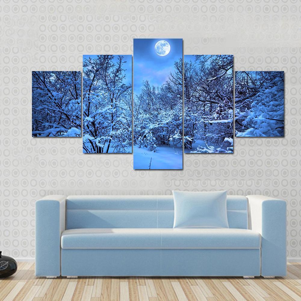 Moon Light In Winter Forest Canvas Wall Art-5 Star-Gallery Wrap-62" x 32"-Tiaracle