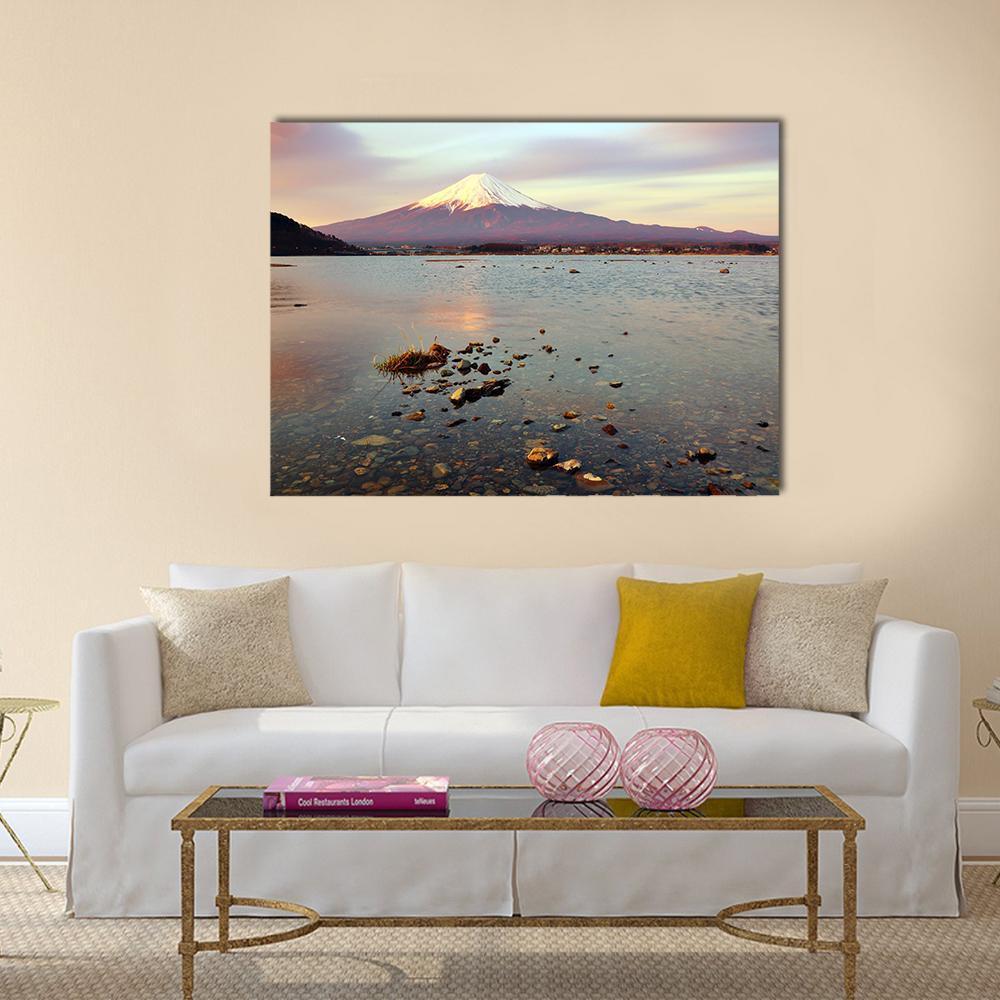 Morning At Fuji Mountain Canvas Wall Art-1 Piece-Gallery Wrap-48" x 32"-Tiaracle