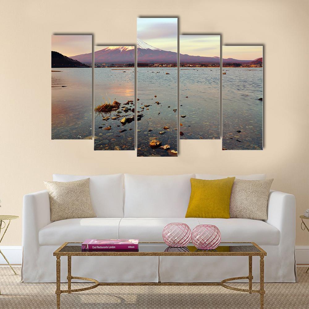 Morning At Fuji Mountain Canvas Wall Art-5 Pop-Gallery Wrap-47" x 32"-Tiaracle