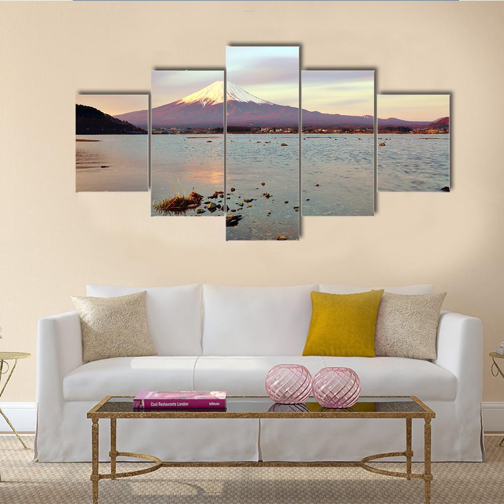 Morning At Fuji Mountain Canvas Wall Art-5 Star-Gallery Wrap-62" x 32"-Tiaracle