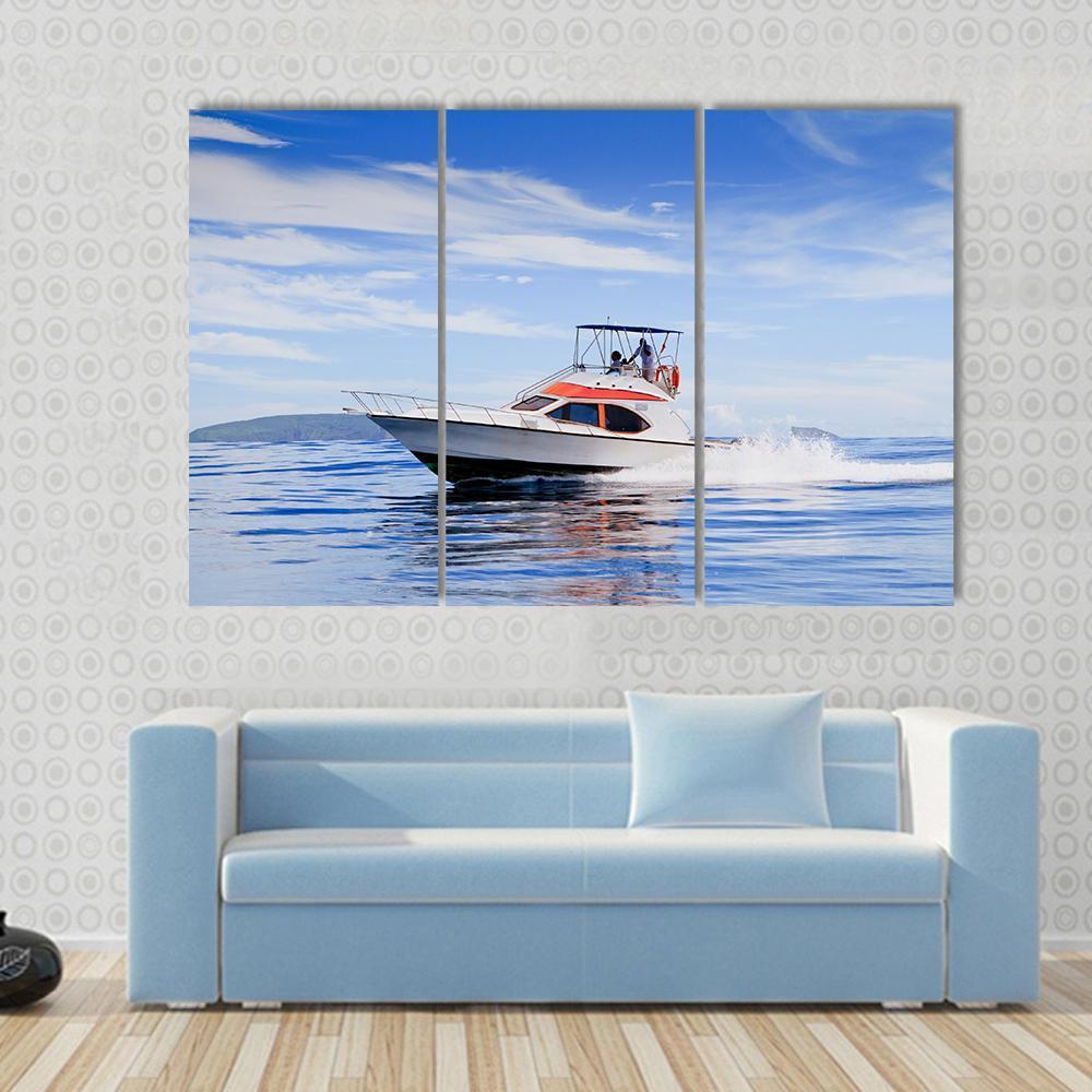 Motorboat In Ocean Canvas Wall Art-3 Horizontal-Gallery Wrap-37" x 24"-Tiaracle