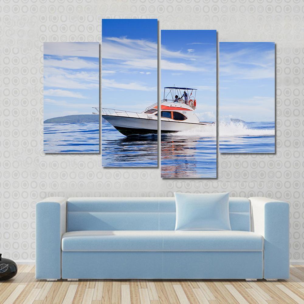 Motorboat In Ocean Canvas Wall Art-4 Pop-Gallery Wrap-50" x 32"-Tiaracle