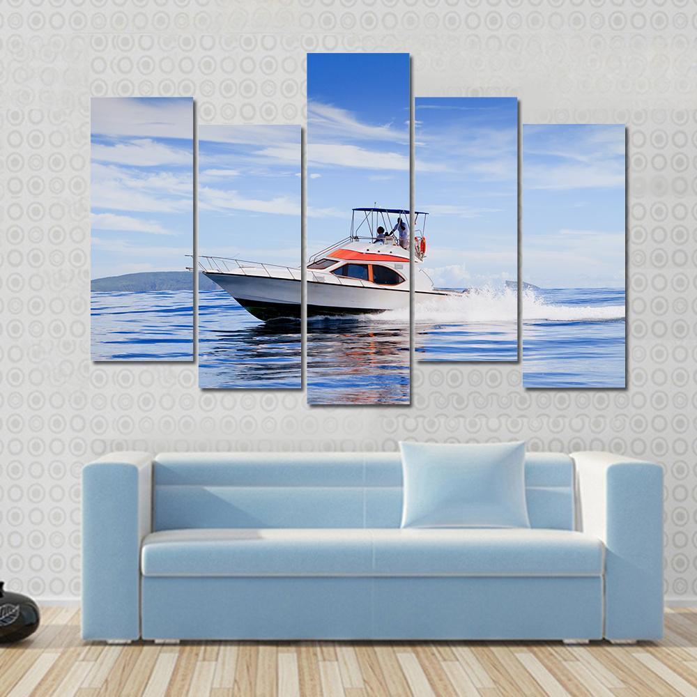 Motorboat In Ocean Canvas Wall Art-5 Pop-Gallery Wrap-47" x 32"-Tiaracle