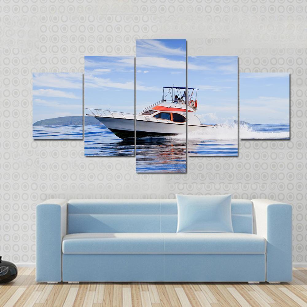 Motorboat In Ocean Canvas Wall Art-5 Star-Gallery Wrap-62" x 32"-Tiaracle