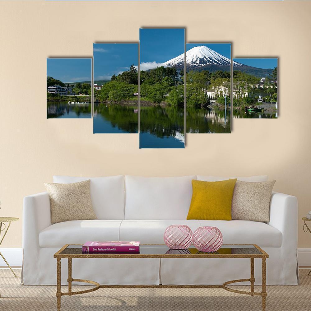 Mount Fuji From Lake Canvas Wall Art-5 Star-Gallery Wrap-62" x 32"-Tiaracle