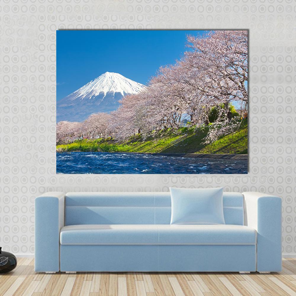 Mountain Fuji & Cherry Blossom Canvas Wall Art-1 Piece-Gallery Wrap-48" x 32"-Tiaracle