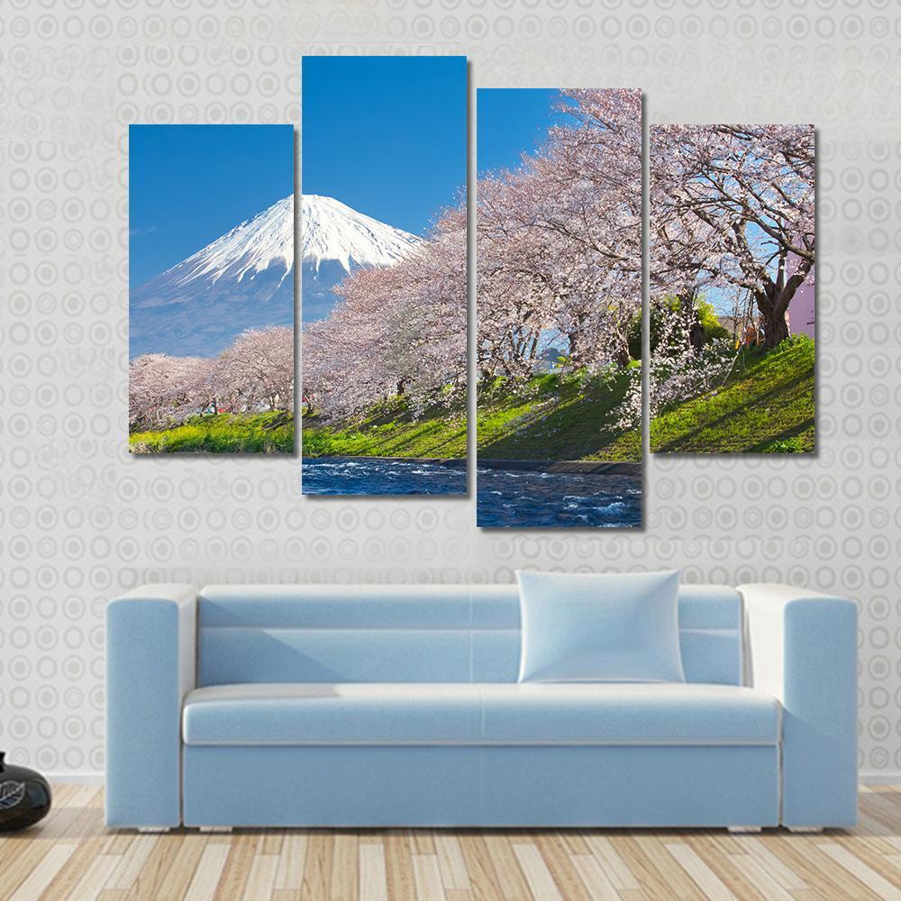 Mountain Fuji & Cherry Blossom Canvas Wall Art-4 Pop-Gallery Wrap-50" x 32"-Tiaracle