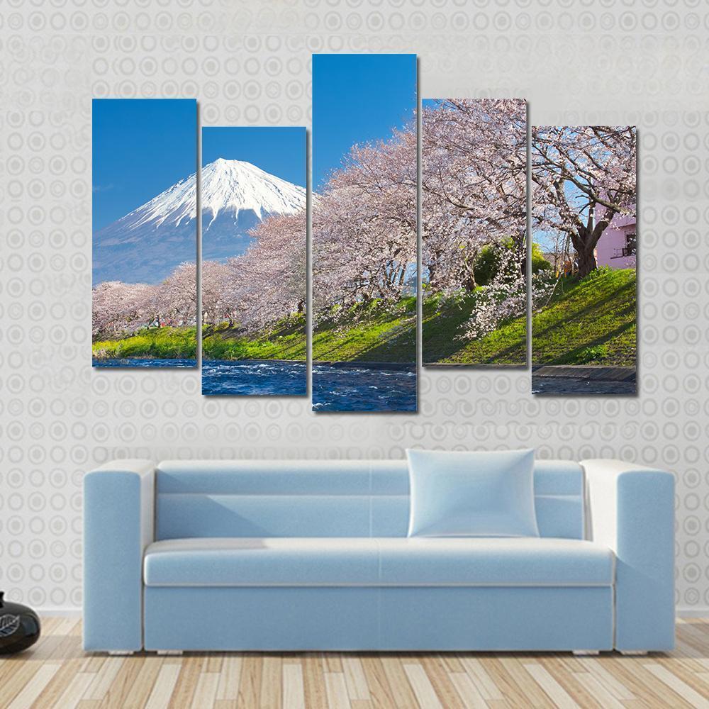 Mountain Fuji & Cherry Blossom Canvas Wall Art-5 Pop-Gallery Wrap-47" x 32"-Tiaracle