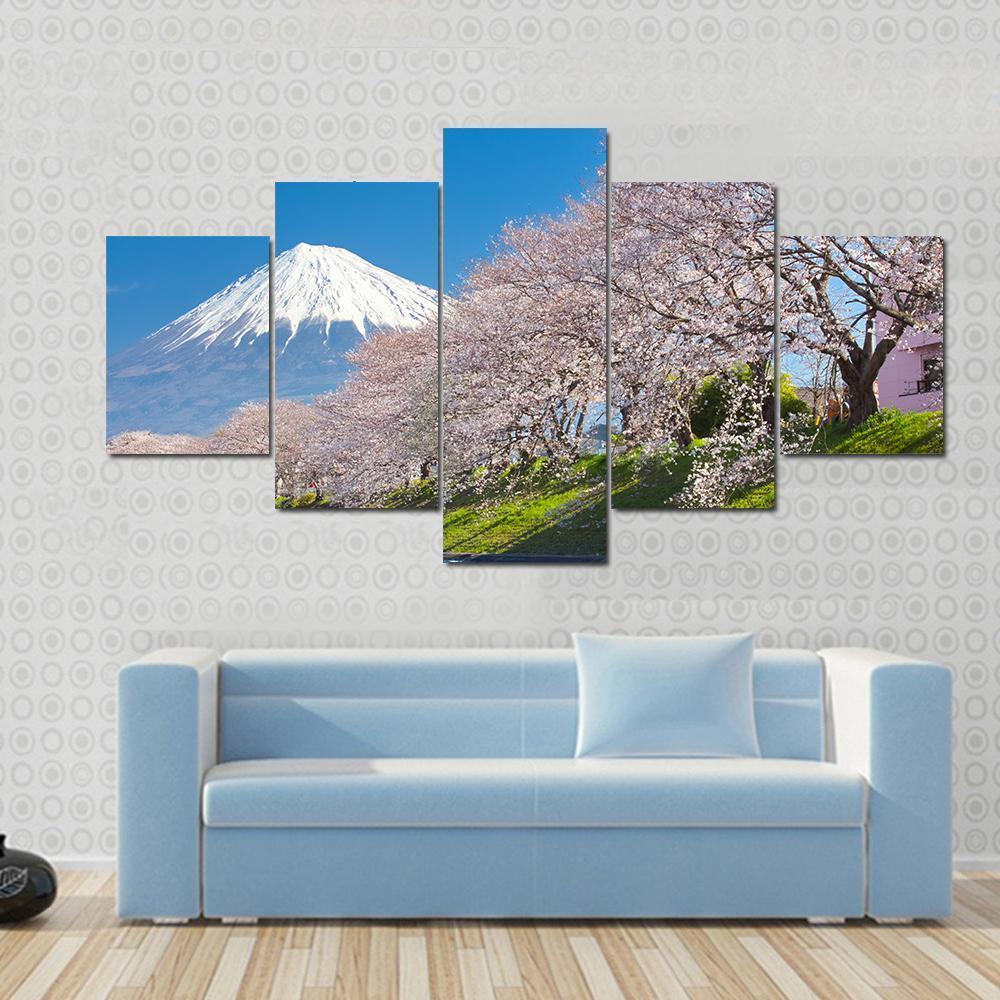 Mountain Fuji & Cherry Blossom Canvas Wall Art-5 Star-Gallery Wrap-62" x 32"-Tiaracle