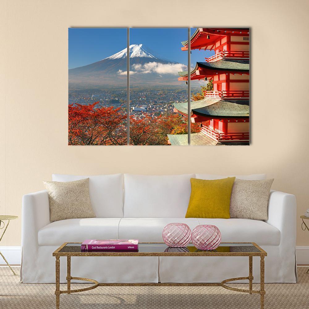 Mount Fuji & Chureito Pagoda Canvas Wall Art-3 Horizontal-Gallery Wrap-37" x 24"-Tiaracle