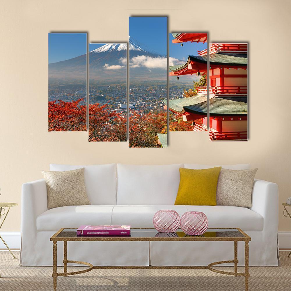 Mount Fuji & Chureito Pagoda Canvas Wall Art-5 Pop-Gallery Wrap-47" x 32"-Tiaracle