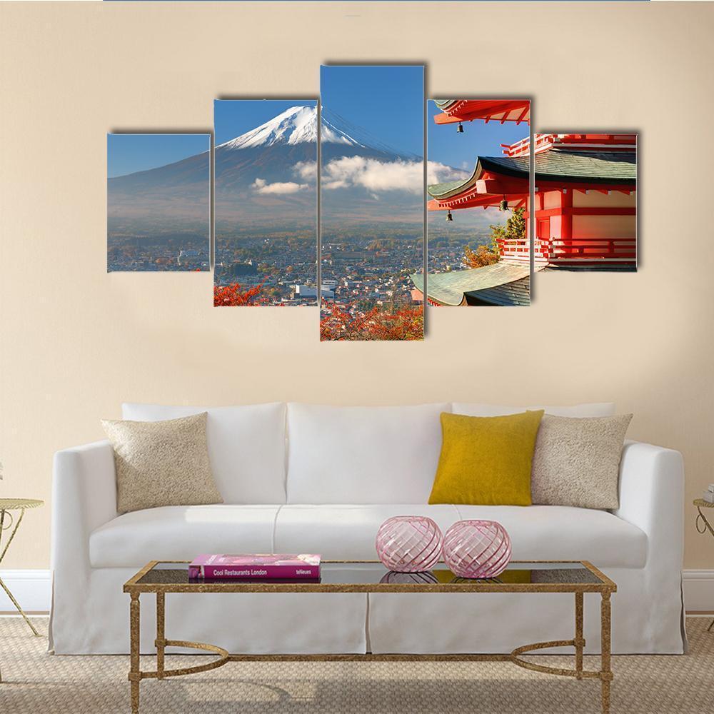 Mount Fuji & Chureito Pagoda Canvas Wall Art-5 Star-Gallery Wrap-62" x 32"-Tiaracle